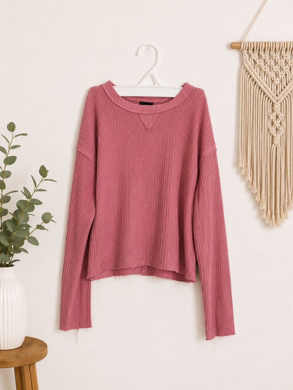 Waffle Knit Long Sleeve Top - Dusty Rose Pink